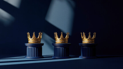 Three golden crowns on podiums in an elegant minimalistic composition on a blue background with sunlight. Happy Three King's Day. Concept for Epiphany day or Dia de Reyes Magos day , Three Wise Men.