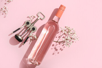 Bottle of tasty pink wine with opener and beautiful gypsophila flowers on color background