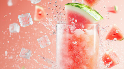 Fototapeta premium hyper-realistic, vibrant colors, watermelon in a glass bottle in focus, water droplets in slow motion, ice cubes floating in a translucent orange background,