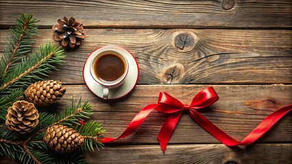 A Rustic Winter Scene with Pine Branches, Cones, a Cup of Coffee, and a Delicate Red Bow