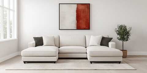 Modern Sectional Sofa in Living Room with Abstract Art and Greenery