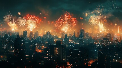 Fototapeta premium Fireworks Display Over a Cityscape at Night