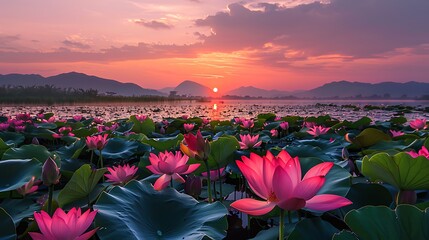Beautiful pink lotus flower blooming in the pond with sunset