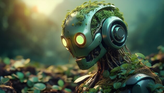 A robot made of organic material from a garbage dump with rounded shapes and eyes made with