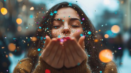 Woman with eyes closed blowing confetti in the air