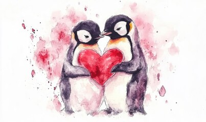 Cute Watercolor Penguins Holding a Heart