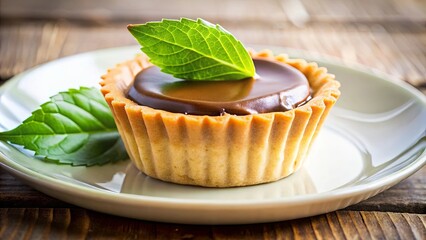 A single chocolate tart with a delicate green leaf resting atop, showcased on a simple white plate against a rustic wood backdrop