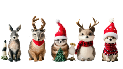 Holiday-themed animal figurines in festive attire on white background