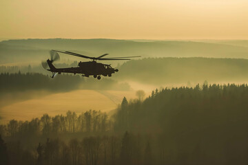 German attack helicopter flies over german landscape