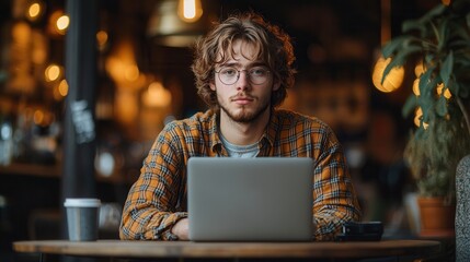 Obraz premium Young Man Working on Laptop in Cozy Café Setting