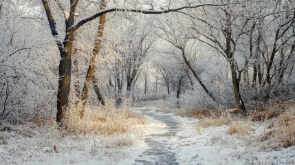 Fototapeta premium A Frozen Path Through a Snow-Covered Forest