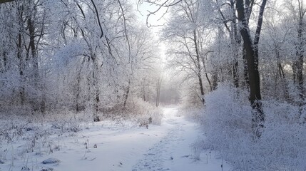 Fototapeta premium A Snow-Covered Forest Path with Sunlight Filtering Through the Trees
