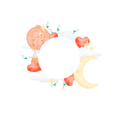 Wreath with clouds, stars, hot air balloon, flags and heart shaped balloons, kids copy space watercolor digital illustration with place for text for printing and web