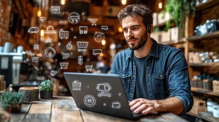 Man working on a laptop in a cozy caf?.