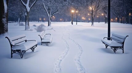Snow-Covered Benches and Path in a Winter Park at Dusk