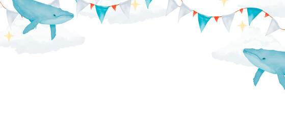 Border backdrop top with clouds, garland with flags and blue whales copy space watercolor digital illustration for printing and web