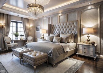 Fototapeta premium Elegant Luxury Silver and White Bedroom Design with Plush Bedding and Chic Decorative Accents