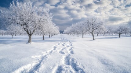Fototapeta premium Snow-Covered Trees and Footprints in a Snowy Field