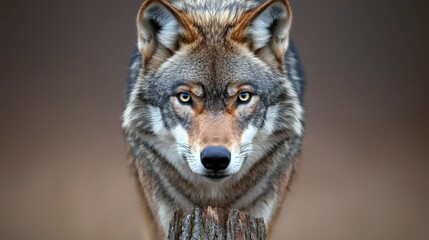 Gray Wolf Portrait   Wild Animal with Intense Eyes on Tree Trunk