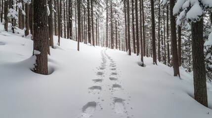 Naklejka premium Snow-Covered Forest Path with Footprints