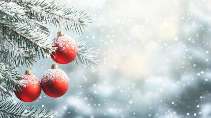 Obraz premium Red Christmas Ornaments Hanging on a Snow-Covered Pine Branch