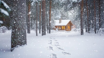 Fototapeta premium A Cozy Cabin Nestled in a Snow-Covered Forest