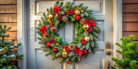 Naklejka premium A Festive Evergreen Wreath Adorned with Red Berries and Gold Baubles, Elegantly Gracing a White Door Surrounded by Evergreen Branches