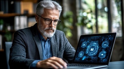 Obraz premium Older man working on a laptop with digital graphics.