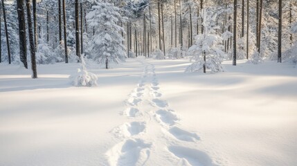 Obraz premium Snow-Covered Forest Path with Footprints
