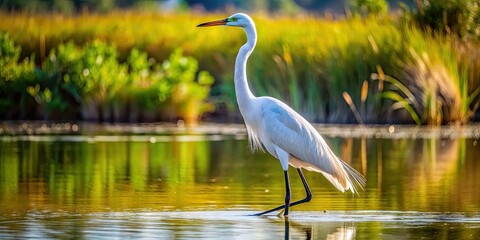 Obraz premium Elegant White Crane Standing Gracefully by the Water's Edge in Natural Habitat Setting