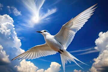 Fototapeta premium Elegant White Tern Bird in Flight Against a Clear Blue Sky with Soft Cloud Backgrounds