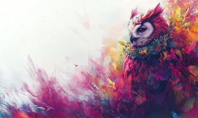 Colorful Owl with Wreath in Watercolor Style
