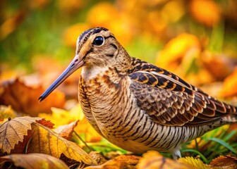 Elegant Woodcock Bird Camouflaged in Natural Habitat Among Leaves and Grass in Soft Lighting