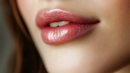 Fototapeta premium Close-up of Pink Glossy Lips with a Natural Skin Tone
