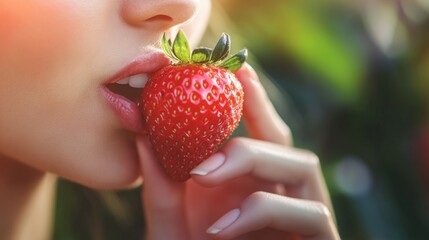 Obraz premium Close-up of a woman's lips biting into a fresh strawberry