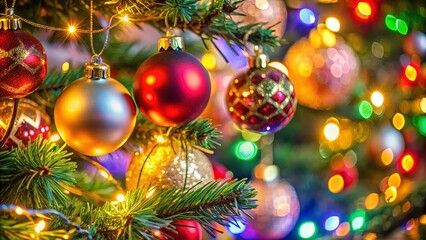 Festive Ornamental Display on a Decorated Evergreen Tree Branch with a Glittering Backdrop of Colorful Bokeh Lights