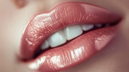 Obraz premium Close-up of Glossy Lips with Shimmering Makeup