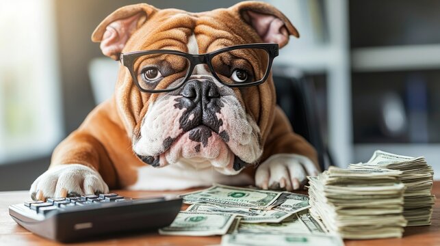 playful bulldog wearing reading glasses, sitting at desk with stacks of dollar bills and calculator, with mischievous grin as if its managing finances like pro, perfect for humorous banking