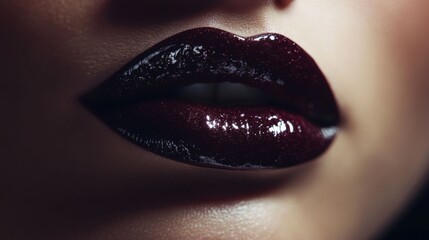 Obraz premium Close-up of Glossy Dark Red Lips with Sparkle