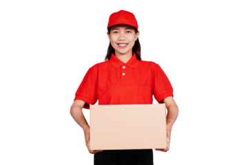 Smiling asian delivery: courier woman delivering boxed package isolated transparent