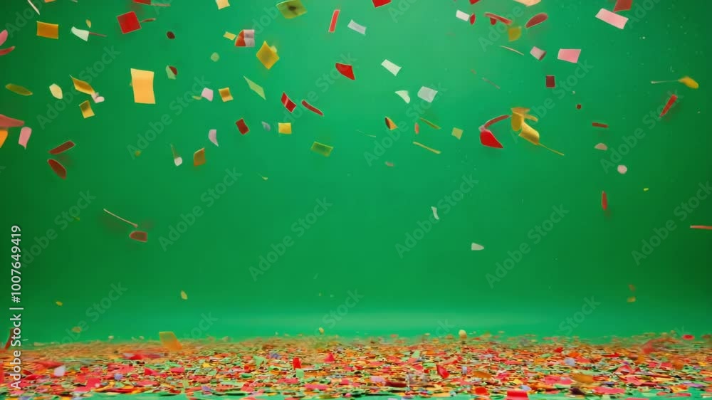 Poster multicolored confetti falling and scattering on a green screen background. perfect for any project n