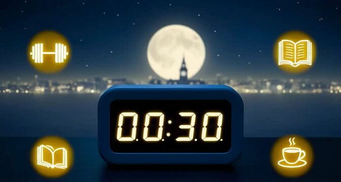 A serene night-time scene with a glowing digital clock displaying "00:30" (30 minutes) in the foreground. The background features a cityscape faintly lit under the moonlight