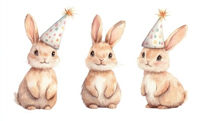 Fototapeta premium Cute Watercolor Rabbits in Party Hats