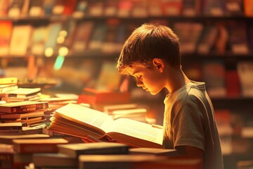 A young boy immersed in reading a book at a vibrant fantasy book fair during the day. Surrounded by colorful displays and stacks of enchanting stories, he embodies the joy of exploration