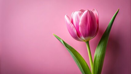 Fototapeta premium A single pink tulip with delicate petals and vibrant green leaves against a soft pink background, symbolizing spring's arrival and gentle beauty.