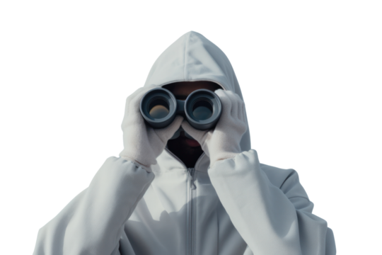An individual looking through binoculars, completely white, emphasizing the act of observation isolate on white background