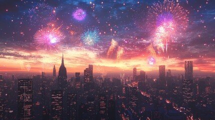 Obraz premium Fireworks Display Over a City Skyline at Dusk