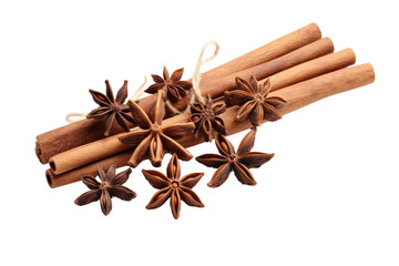 An artistic arrangement of whole cinnamon sticks intertwined with star anise pods on a white background