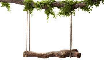 A wooden swing with thick rope attached to a tree branch, suspended in mid-air against a white background