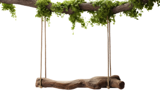 A wooden swing with thick rope attached to a tree branch, suspended in mid-air against a white background